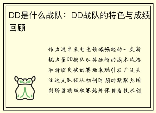 DD是什么战队：DD战队的特色与成绩回顾