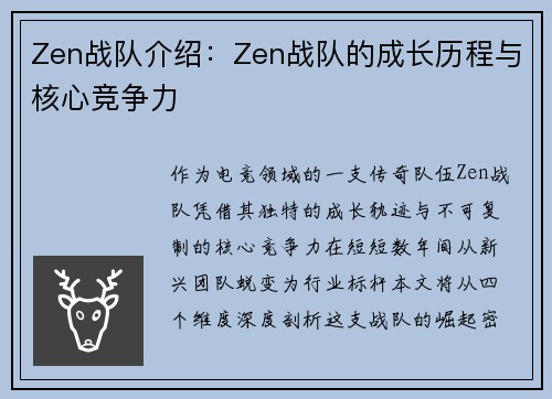 Zen战队介绍：Zen战队的成长历程与核心竞争力